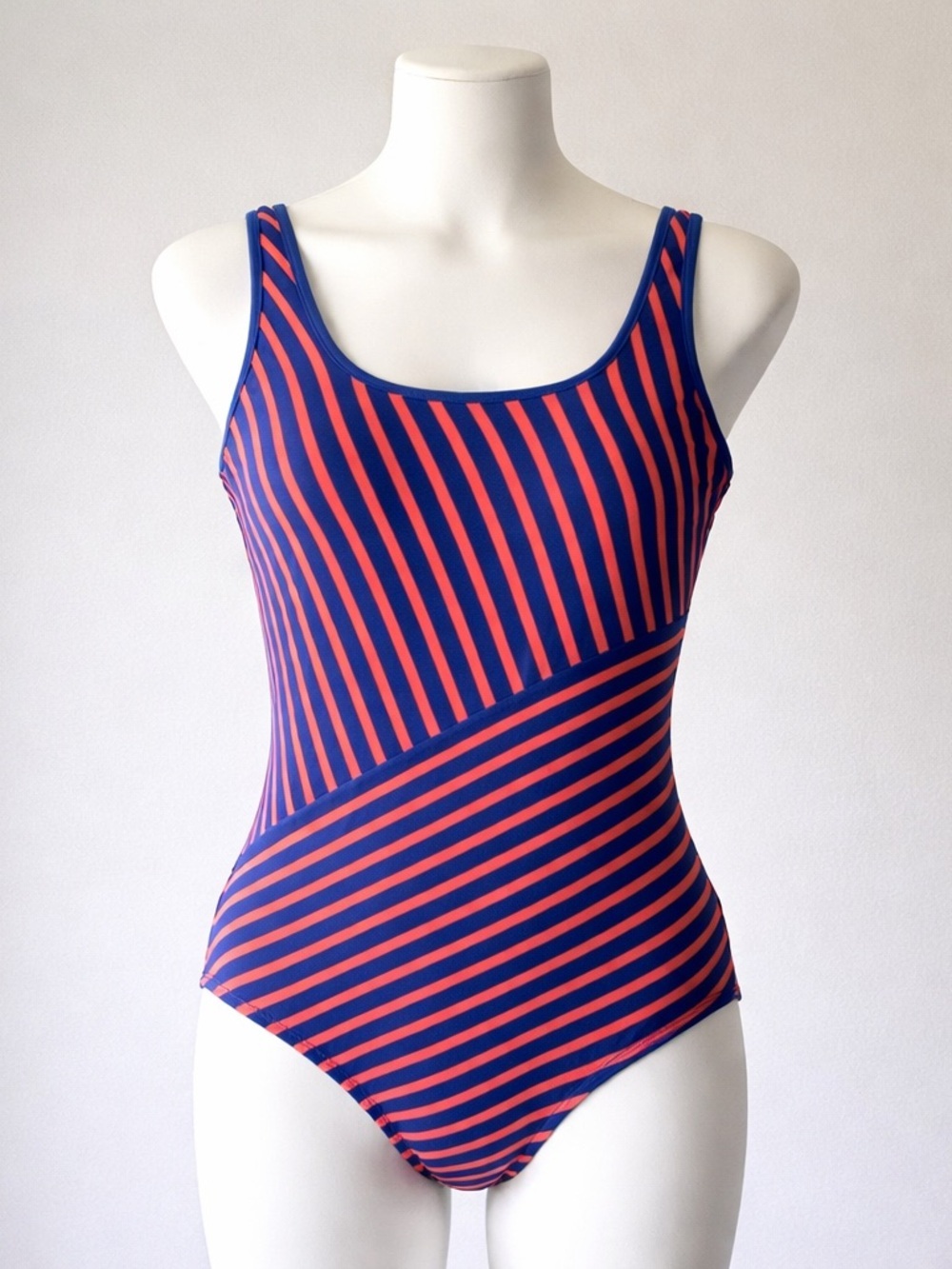 Lands’End one piece swimsuit, size 16 blue orange striped new without tags